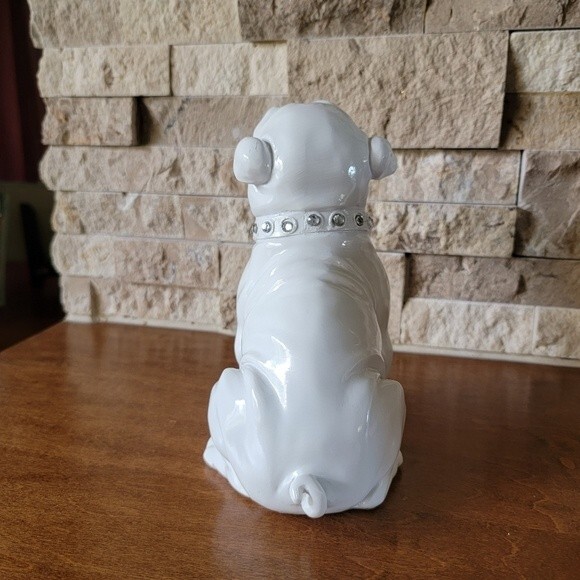 White glossy  english Bulldog figurine rhinestone collar - Picture 5 of 13